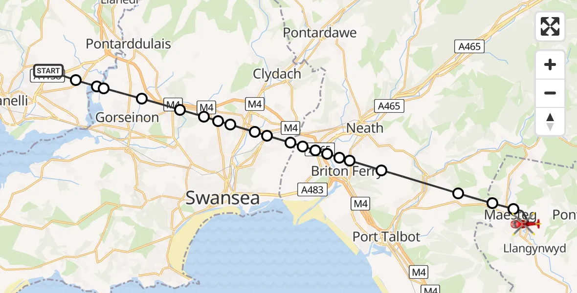 Flight path map showing Air Ambulance Helicopter route from Dafen to Garth