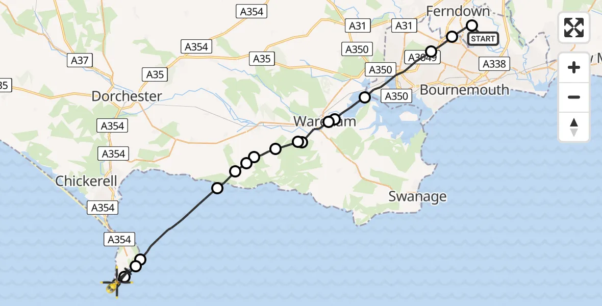 Flight path map showing Police Helicopter route from Bournemouth Airport to Portland