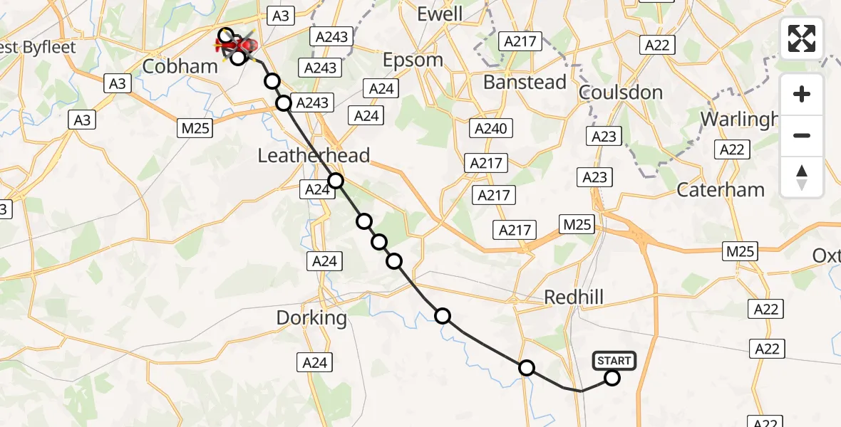 Flight path map showing Air Ambulance Helicopter route from Redhill Aerodrome to Stoke D'Abernon