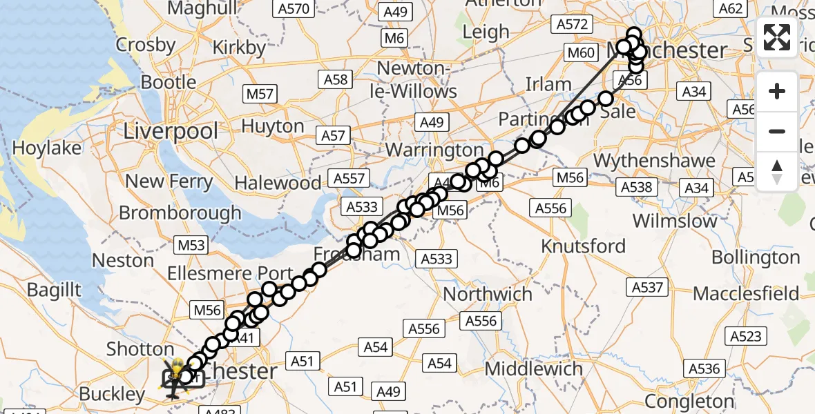 Flight path map showing Police Helicopter route from Hawarden Airport to Broughton