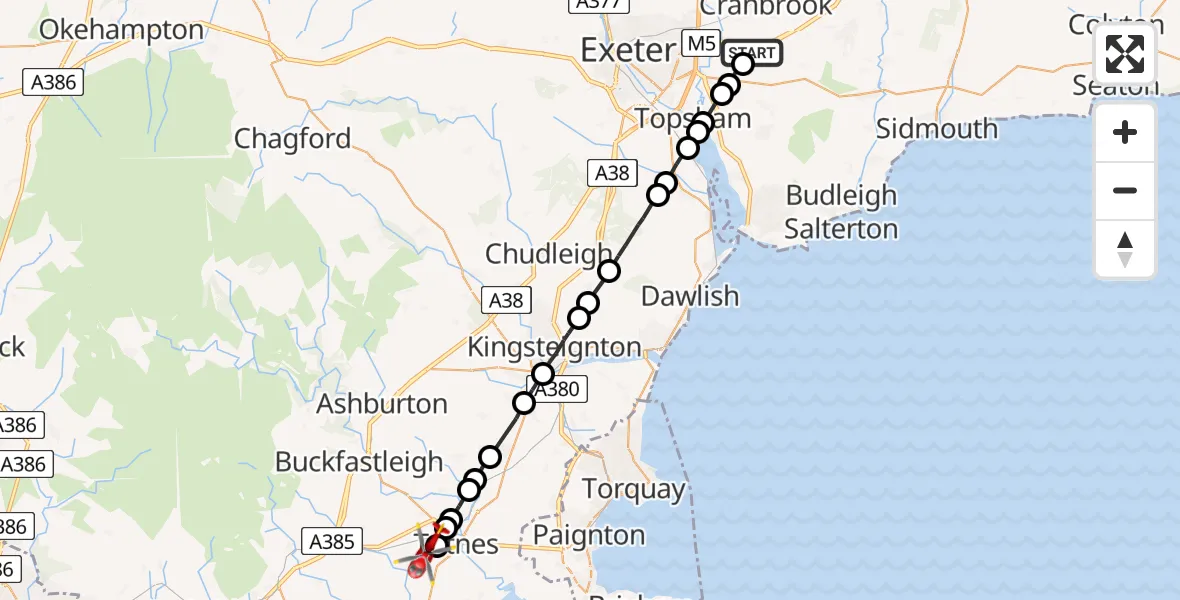 Flight path map showing Air Ambulance Helicopter route from East Devon to Harberton