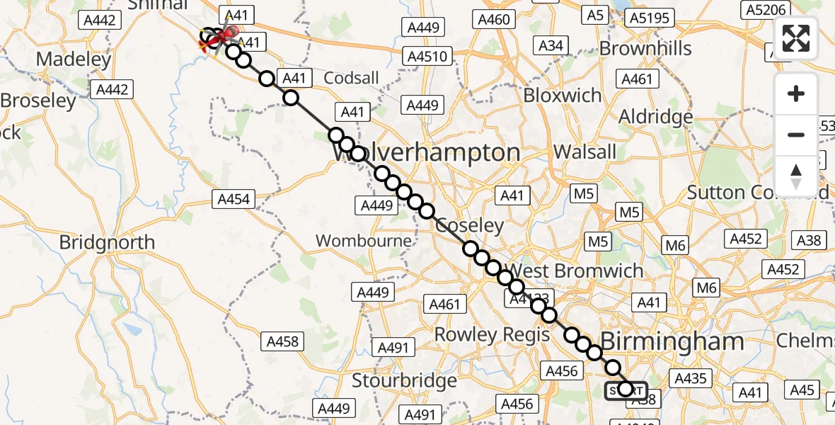 Flight path map showing Air Ambulance Helicopter route from Queen Elizabeth Hospital Helipad to Cosford
