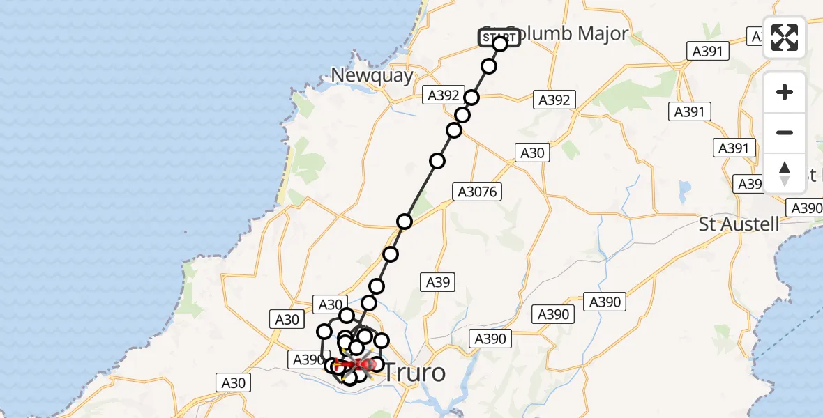 Flight path map showing Air Ambulance Helicopter route from Cornwall Airport Newquay to Langarth