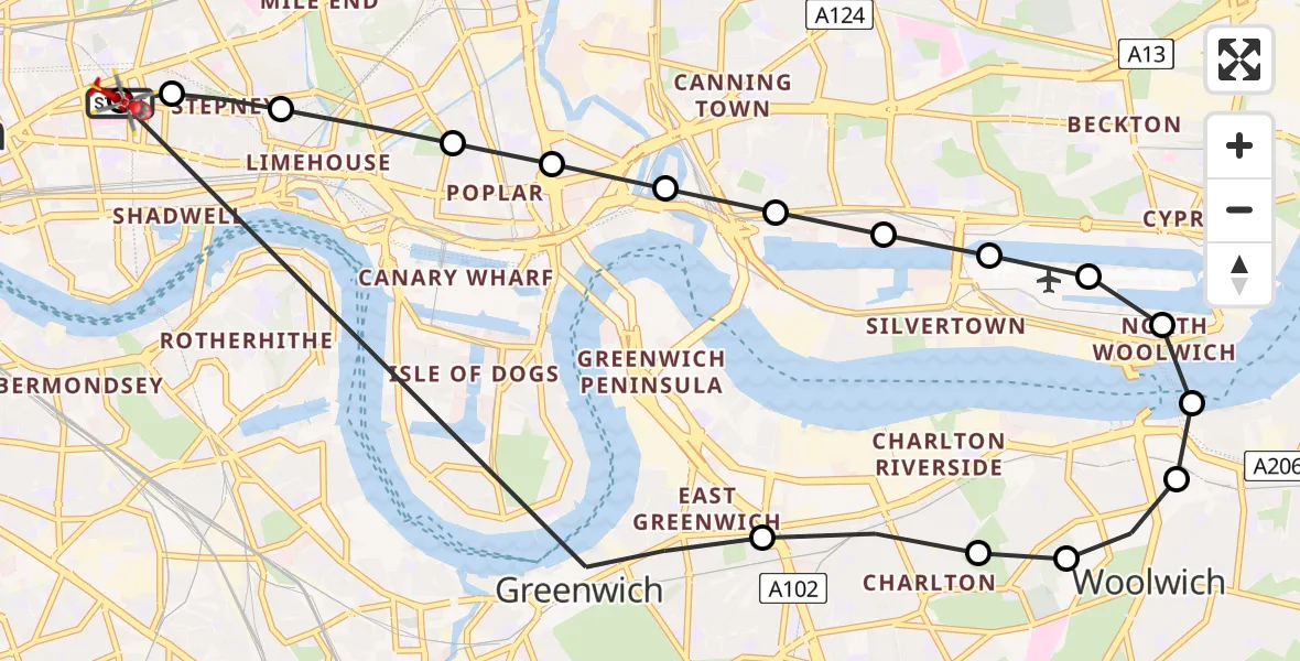 Flight path map showing Air Ambulance Helicopter route from Royal London Hospital to Royal London Hospital
