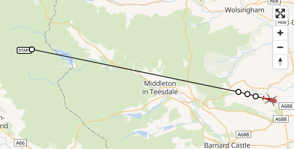 Flight path map showing Air Ambulance Helicopter route from Long Marton to Raby with Keverstone