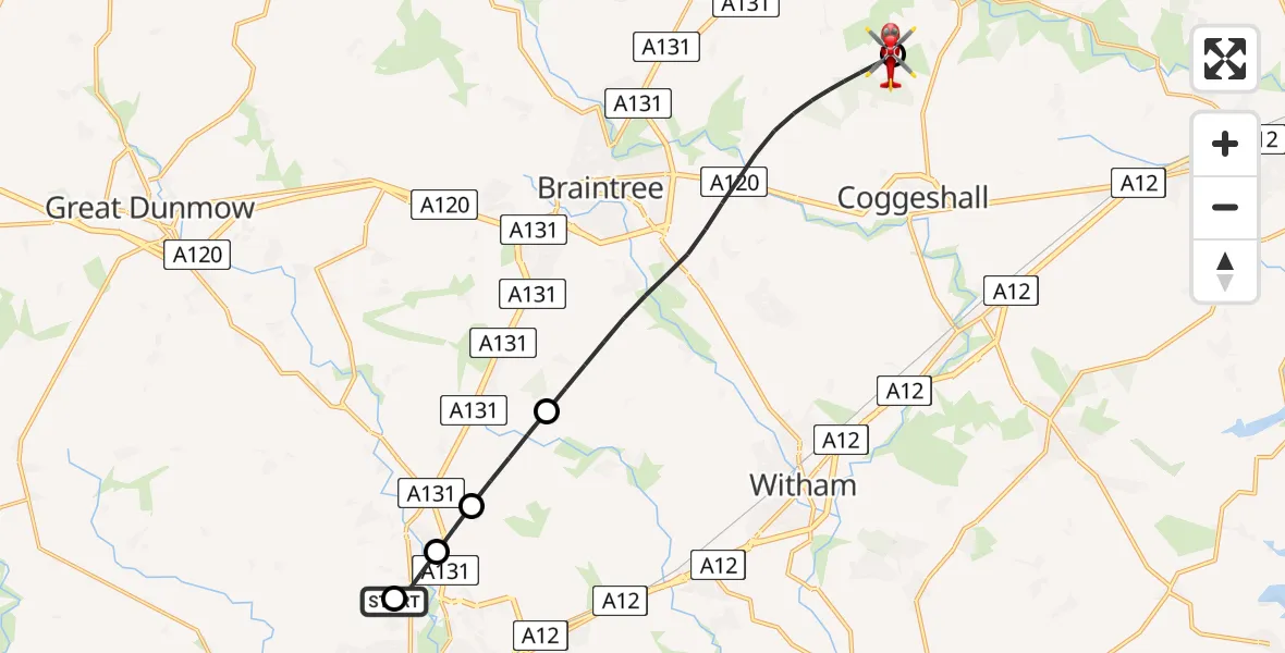 Flight path map showing Air Ambulance Helicopter route from Broomfield Hospital to Earls Colne Airfield