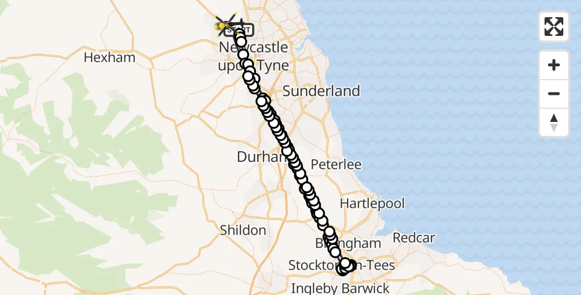 Flight path map showing Police Helicopter route from Newcastle upon Tyne to Newcastle International Airport