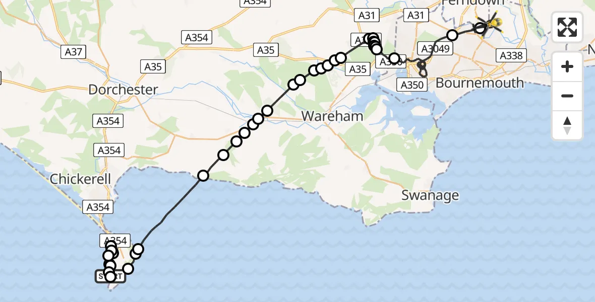 Flight path map showing Police Helicopter route from Southwell to Parley Cross