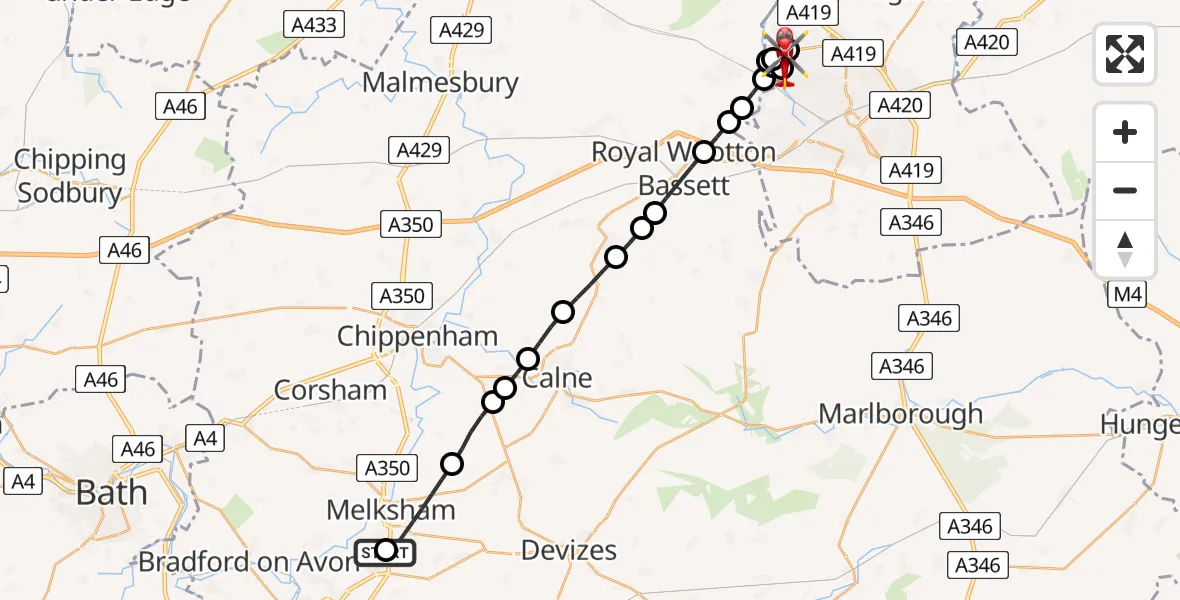 Flight path map showing Air Ambulance Helicopter route from Wiltshire Air Ambulance to Taw Hill