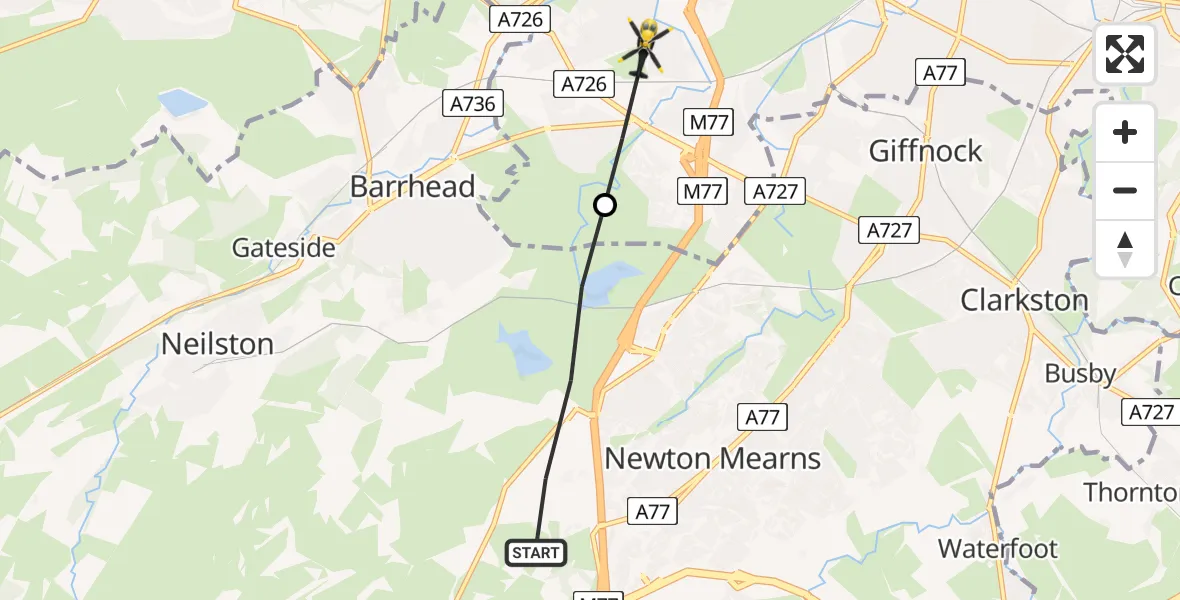 Flight path map showing Police Helicopter route from Newton Mearns to Glasgow