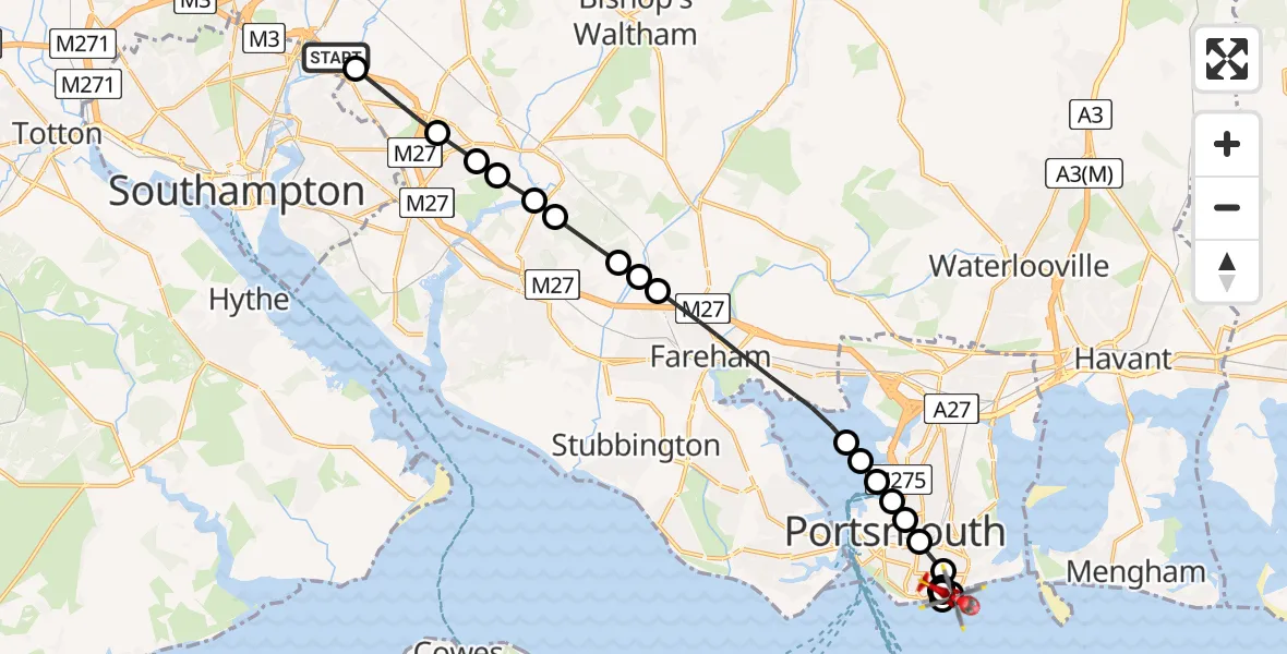 Flight path map showing Air Ambulance Helicopter route from Southampton Airport to Portsmouth