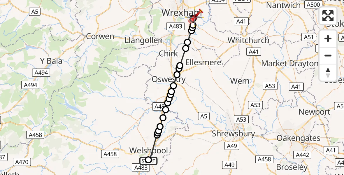 Flight path map showing Air Ambulance Helicopter route from Welshpool Airport to Pentre Maelor