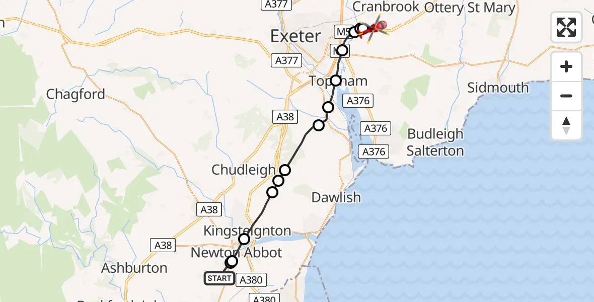 Flight path map showing Air Ambulance Helicopter route from East Ogwell to Exeter International Airport