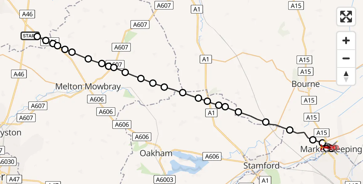Flight path map showing Air Ambulance Helicopter route from Rushcliffe to Towngate