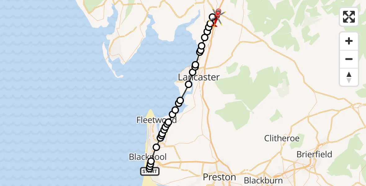 Flight path map showing Air Ambulance Helicopter route from Blackpool Airport to Beetham