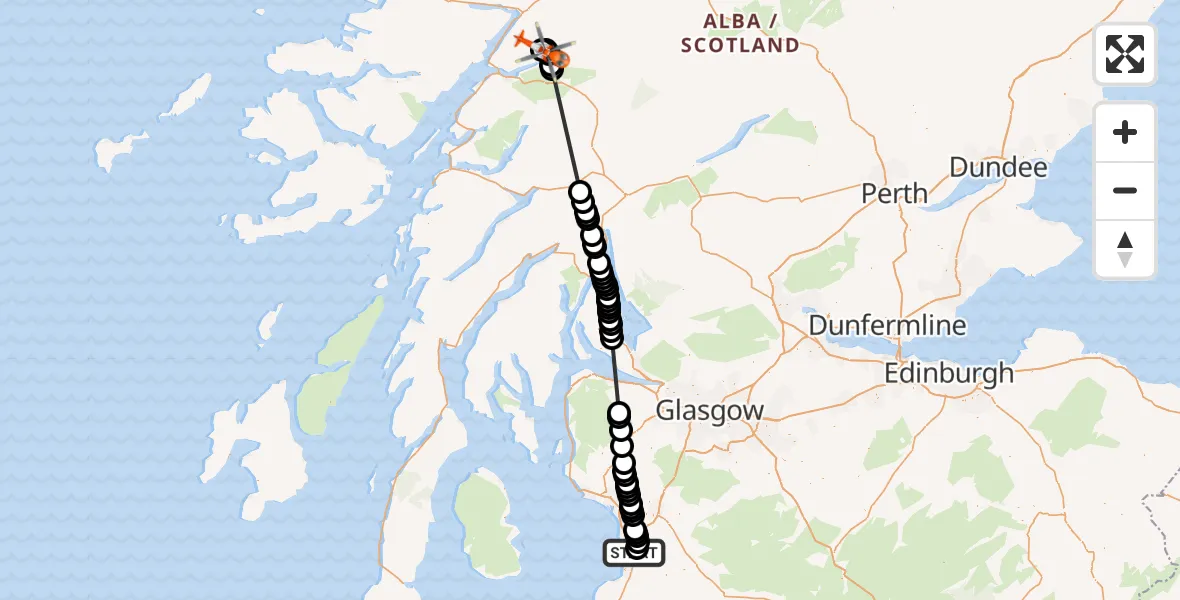 Flight path map showing Coastguard Helicopter route from Glasgow Prestwick Airport to Coire a' Mhail