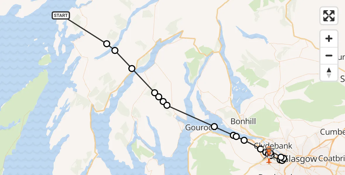 Flight path map showing Coastguard Helicopter route from Inner Seas to Glasgow Airport