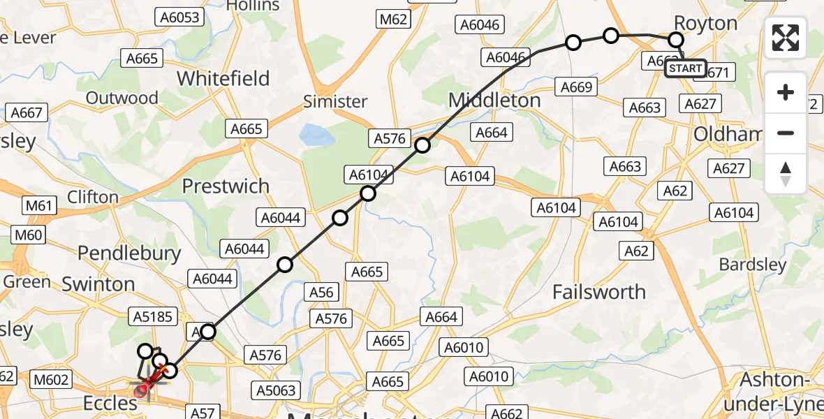 Flight path map showing Air Ambulance Helicopter route from Royton to Eccles