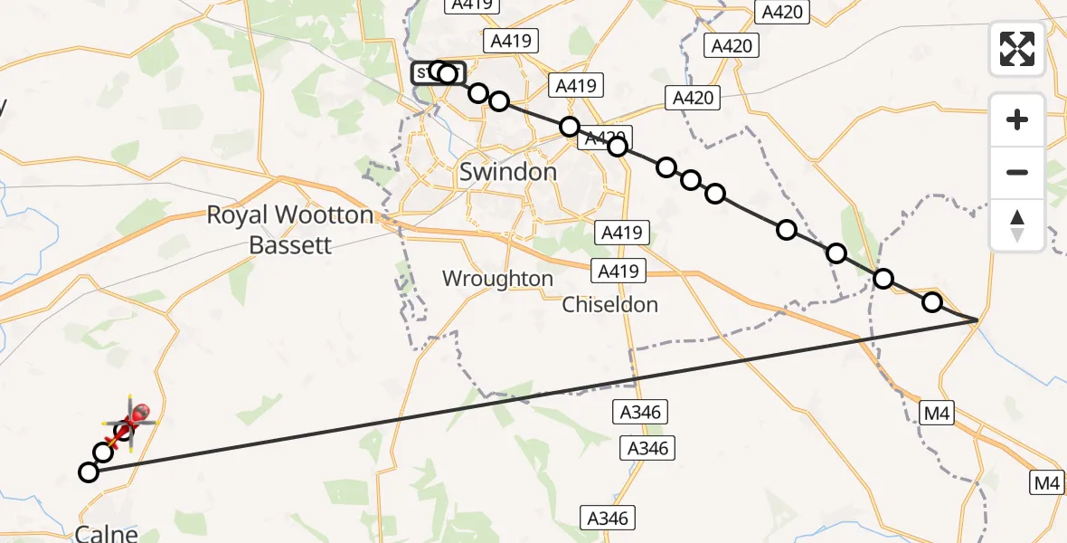 Flight path map showing Air Ambulance Helicopter route from Blunsdon St Andrew to Calne