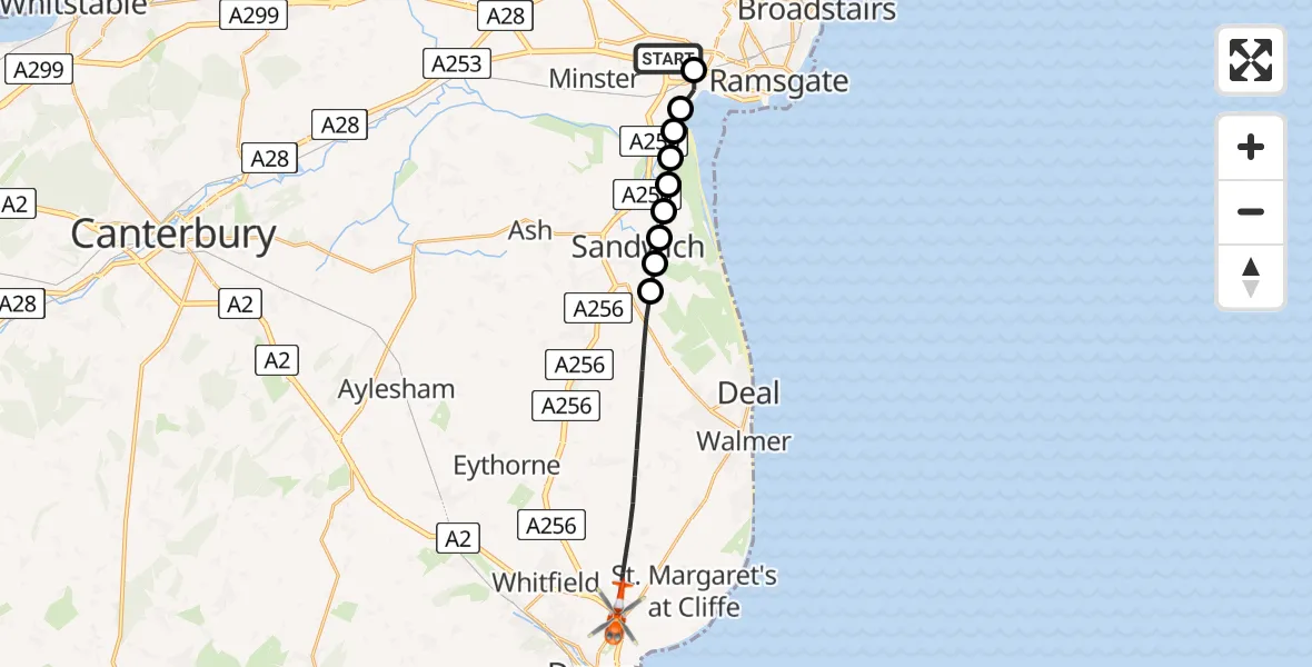 Flight path map showing Coastguard Helicopter route from Manston Airport to Dover