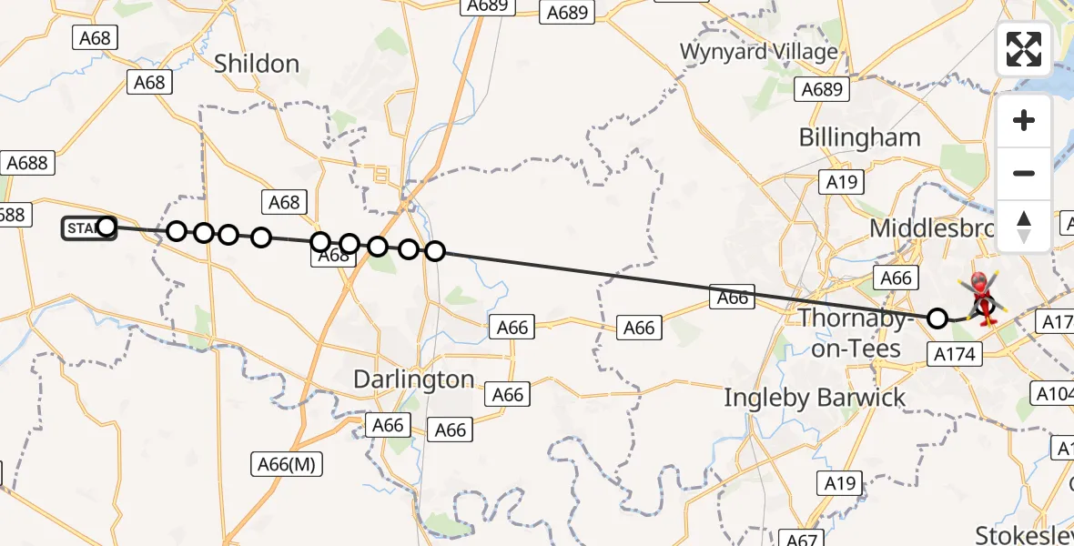 Flight path map showing Air Ambulance Helicopter route from Langton to James Cook University Hospital