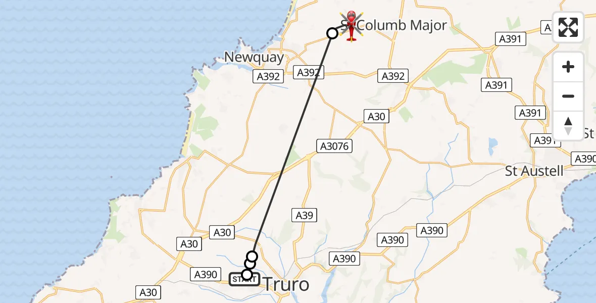 Flight path map showing Air Ambulance Helicopter route from Treliske Hospital to Cornwall Airport Newquay