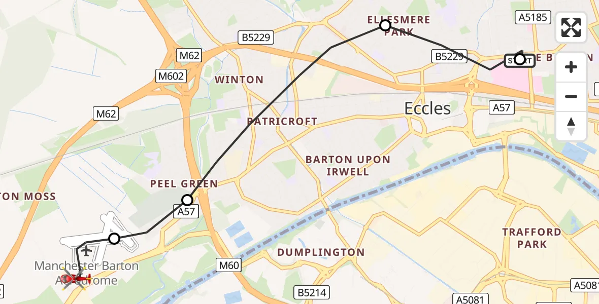 Flight path map showing Air Ambulance Helicopter route from Eccles to Manchester Barton Aerodrome