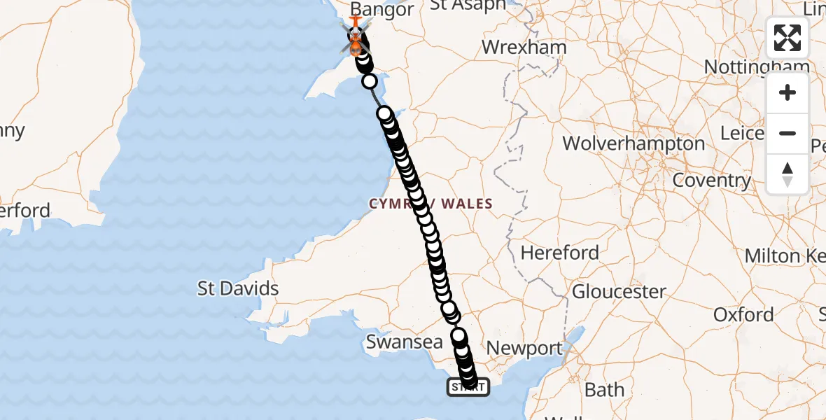 Flight path map showing Coastguard Helicopter route from MOD St Athan to Caernarfon Airport