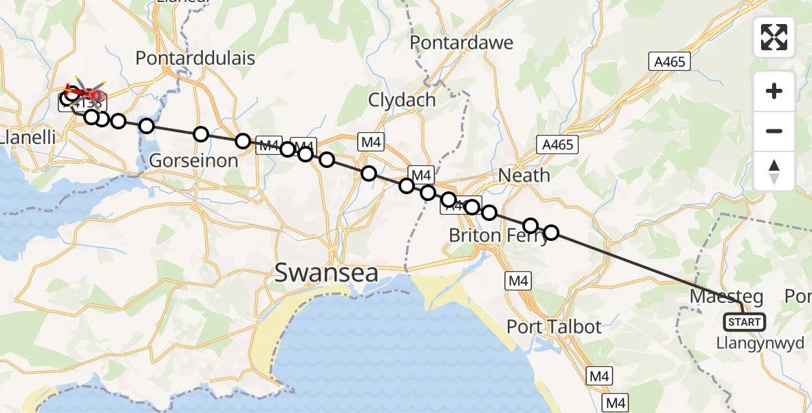 Flight path map showing Air Ambulance Helicopter route from Cwmfelin to Dafen