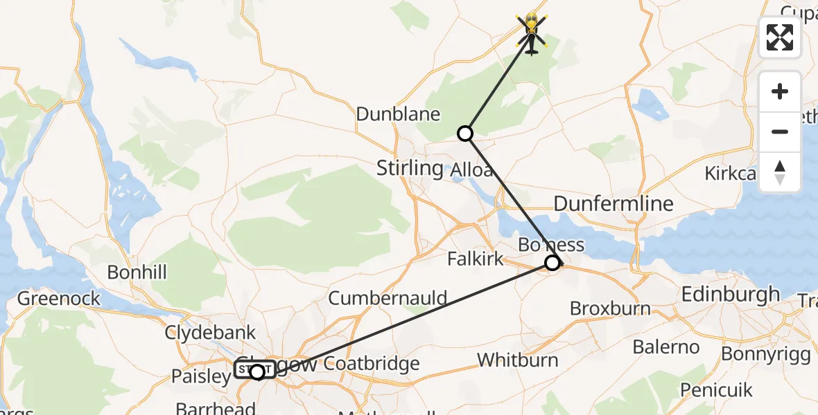 Flight path map showing Police Helicopter route from Glasgow Seaplane Terminal to Auchterarder