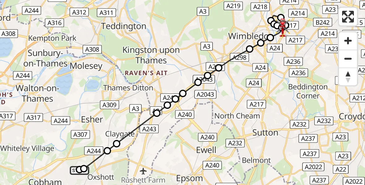 Flight path map showing Air Ambulance Helicopter route from Oxshott to St Georges Hospital
