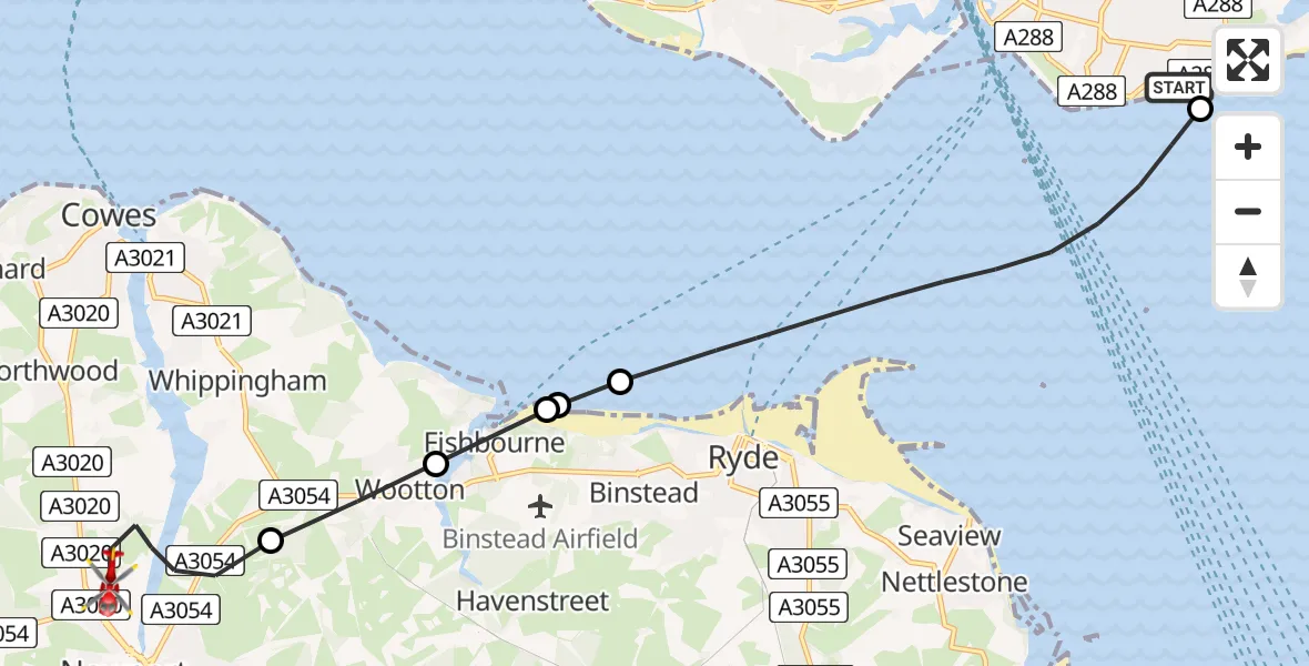 Flight path map showing Air Ambulance Helicopter route from Portsmouth to Newport
