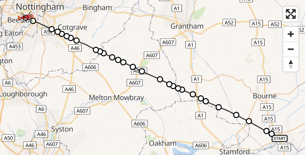 Flight path map showing Air Ambulance Helicopter route from Towngate to Beeston