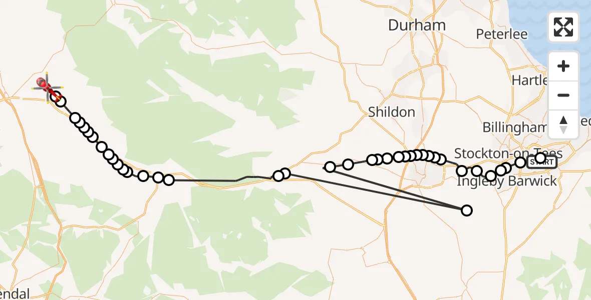 Flight path map showing Air Ambulance Helicopter route from James Cook University Hospital to Culgaith