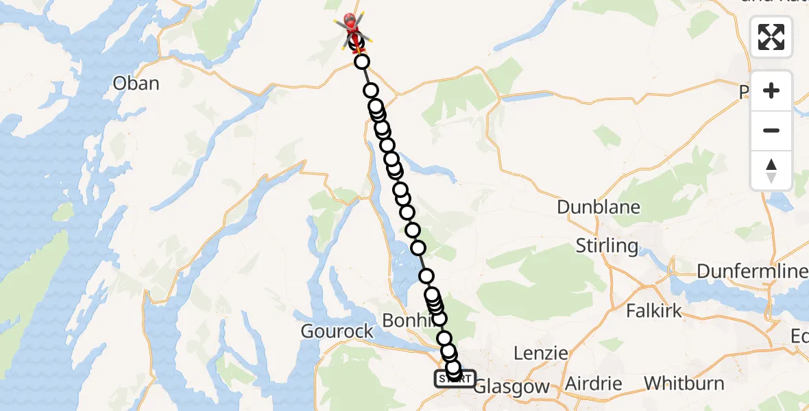 Flight path map showing Air Ambulance Helicopter route from Glasgow Airport to Argyll and Bute