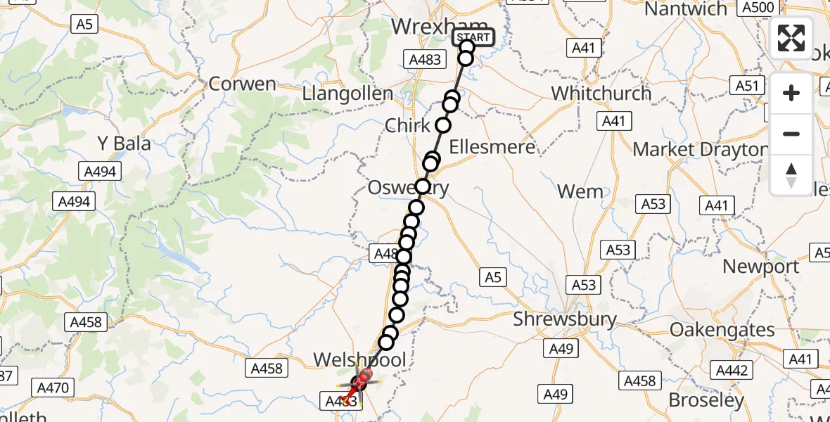 Flight path map showing Air Ambulance Helicopter route from Pentre Maelor to Welshpool Airport