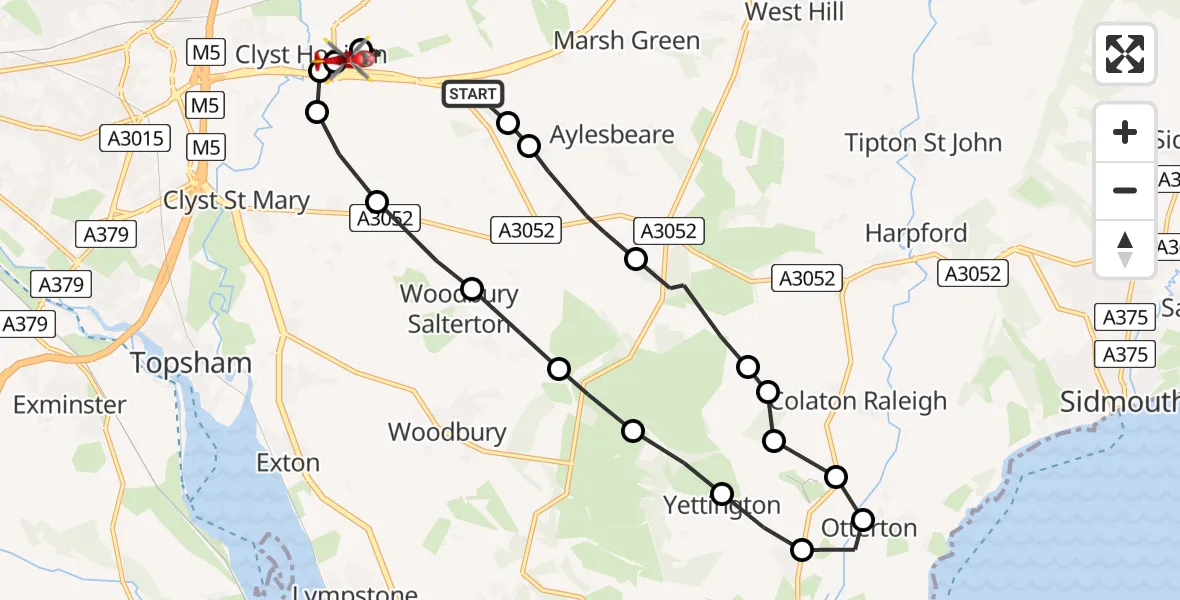 Flight path map showing Air Ambulance Helicopter route from Aylesbeare to Exeter International Airport
