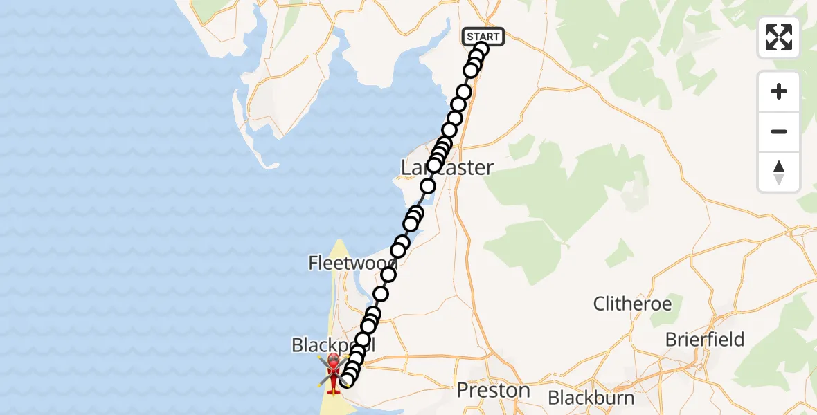 Flight path map showing Air Ambulance Helicopter route from Beetham to Fylde