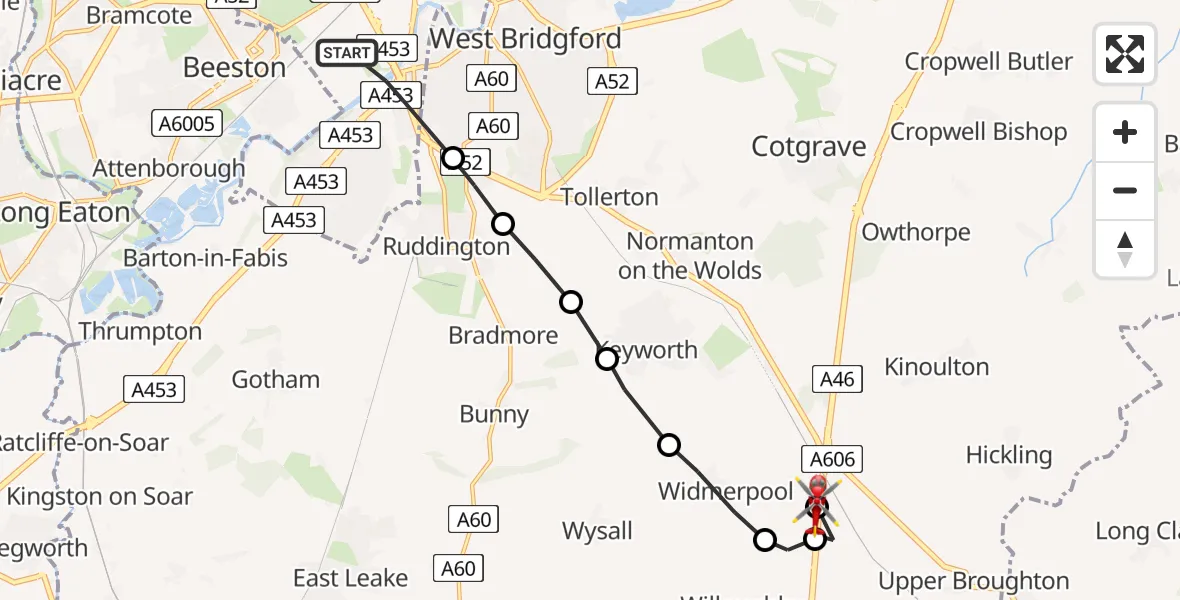Flight path map showing Air Ambulance Helicopter route from City of Nottingham to Rushcliffe