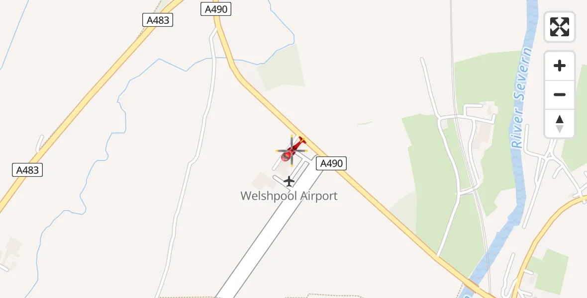 Flight path map showing Air Ambulance Helicopter route from Welshpool Airport to Welshpool Airport