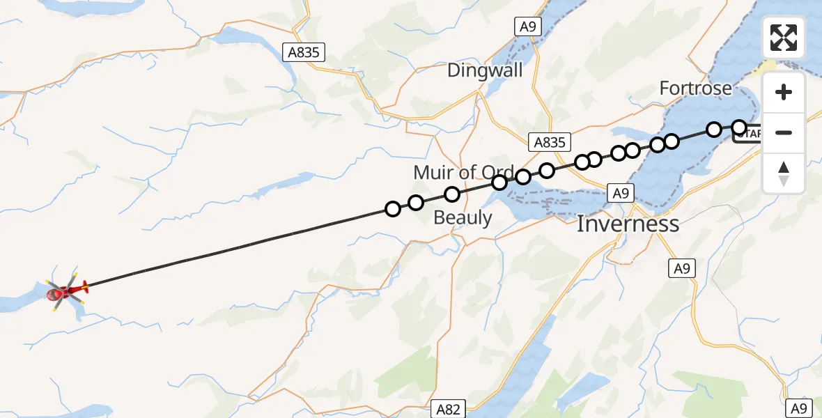 Flight path map showing Air Ambulance Helicopter route from Inverness Airport to Highland