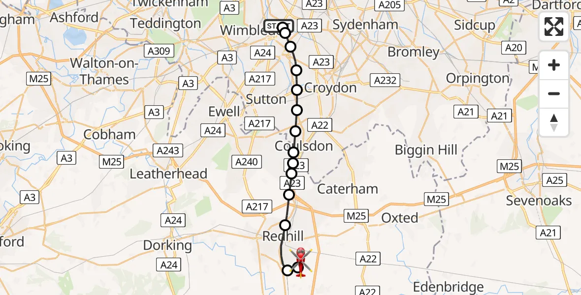 Flight path map showing Air Ambulance Helicopter route from St Georges Hospital to Redhill Aerodrome