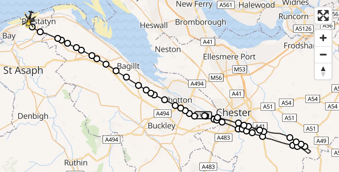 Flight path map showing Police Helicopter route from Hawarden Airport to Prestatyn