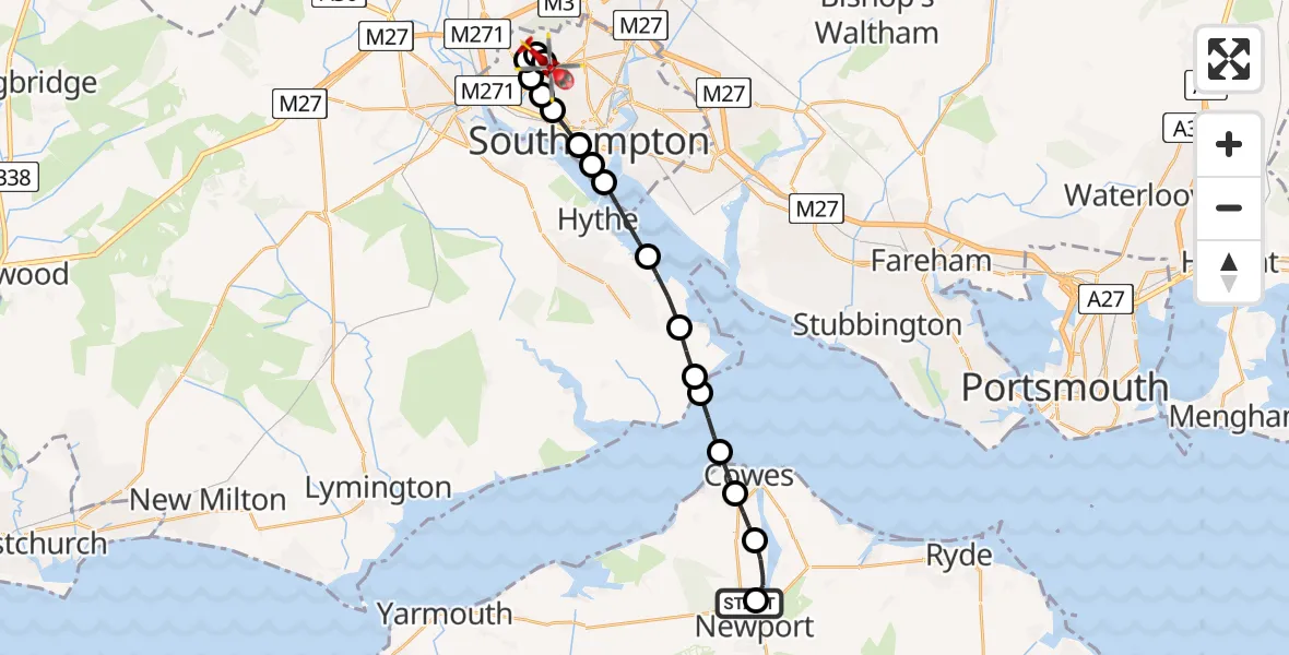 Flight path map showing Air Ambulance Helicopter route from St Marys Hospital Isle Of Wight to University Hospital Southampton