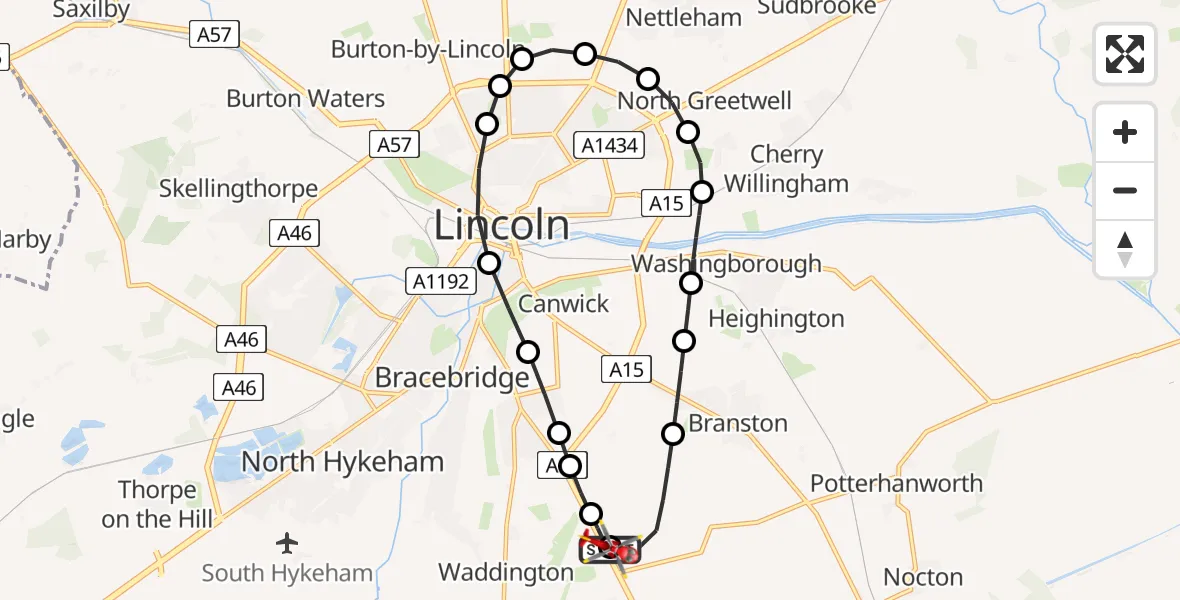 Flight path map showing Air Ambulance Helicopter route from RAF Waddington to North Kesteven