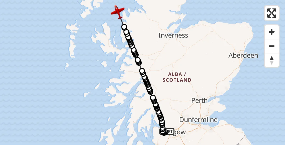 Flight path map showing Air Ambulance Aircraft route from Glasgow Airport to Inner Seas