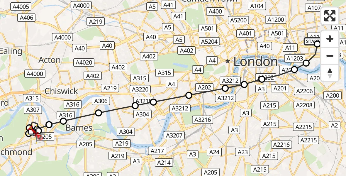 Flight path map showing Air Ambulance Helicopter route from Royal London Hospital to North Sheen