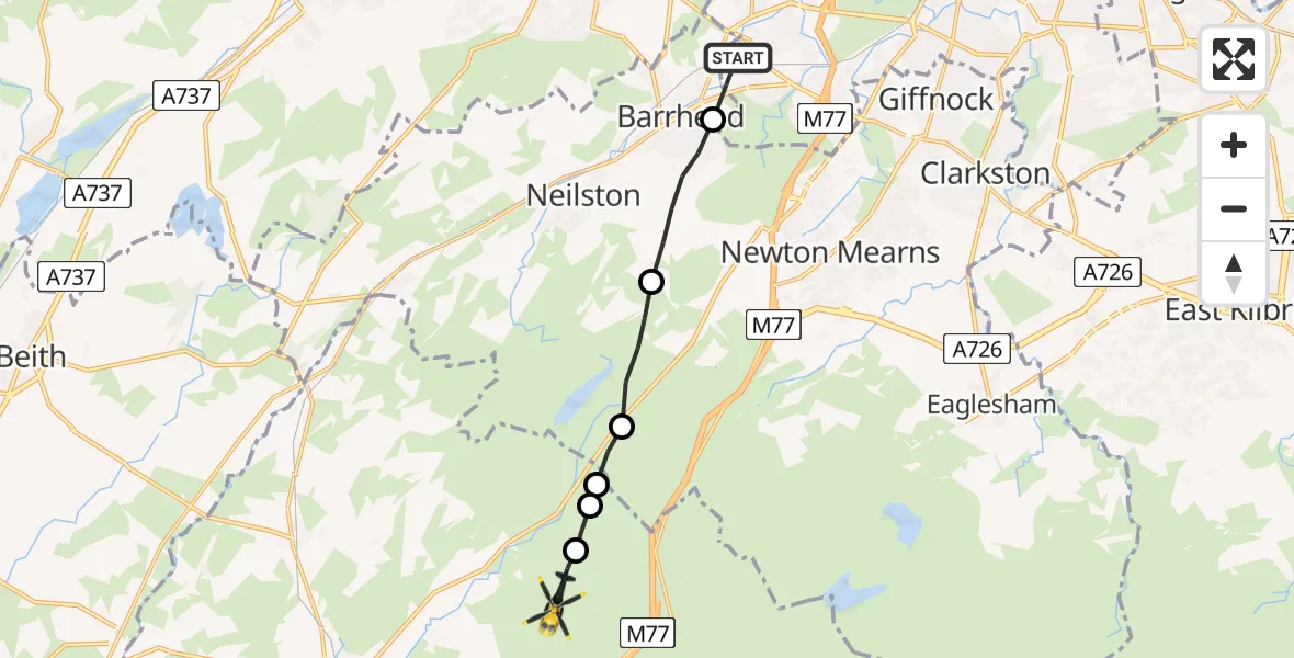 Flight path map showing Police Helicopter route from Glasgow to Fenwick