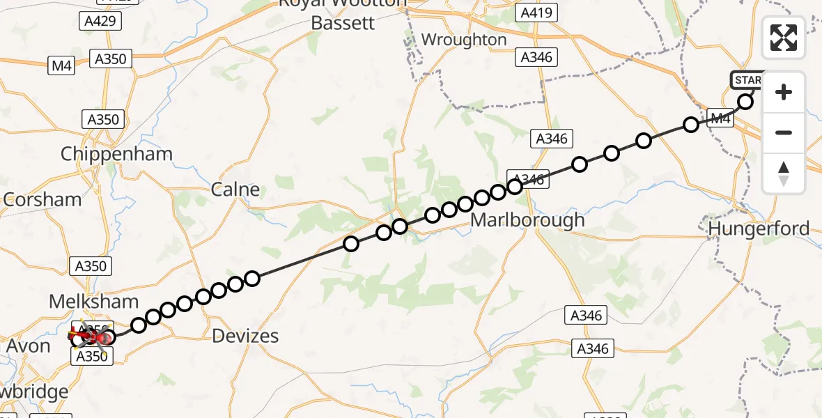 Flight path map showing Air Ambulance Helicopter route from Eastbury to Wiltshire Air Ambulance