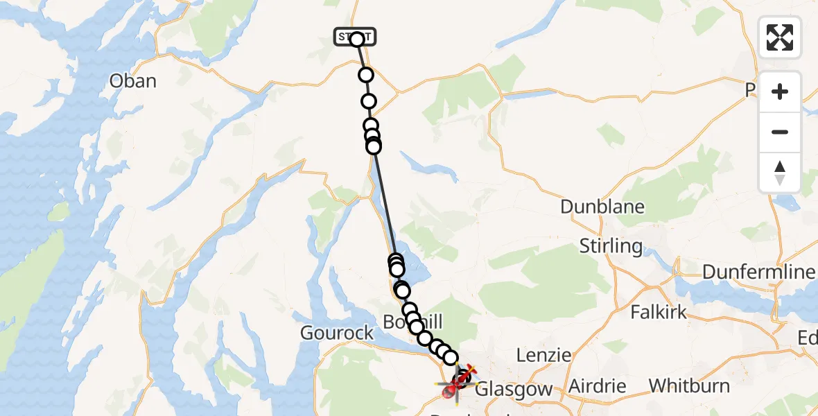 Flight path map showing Air Ambulance Helicopter route from Argyll and Bute to Glasgow Airport